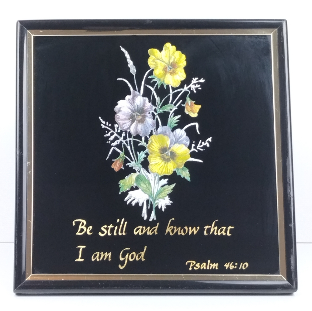 Vintage Floral Religious Wall Plaque Pansies Etched Foil Art Psalm 46:10 Kafka
